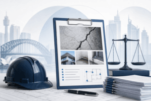 Engineer’s clipboard with a photo panel showing cracked concrete, modern building facade photos, a window sill, blue hard hat, scale of justice in the background, and a stack of documents on an architect’s desk.