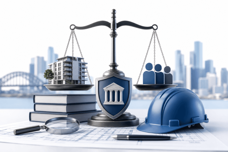 a0642b12-c66a-48a1-8641-eb7ef0a7f5fa - Awesim Building Consultants Scales of justice with a model building on the left and a group of people on the right, set on blueprints with a hard hat nearby.