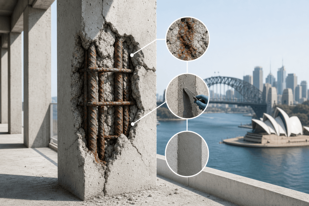 a5d4329d-ff62-4cf1-b1c2-18cdcb22c795 - Awesim Building Consultants Cracked concrete column with exposed rusty rebar; circular insets highlight rust, smoothing with a trowel, and finish texture against the Sydney skyline.