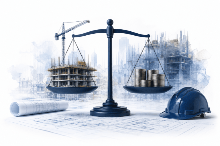 b30aab37-6c7d-4003-a816-9c48ef7fba0f - Awesim Building Consultants Balance scales compare construction costs to coins, with blueprints and a hard hat in the foreground and a building site in the background.