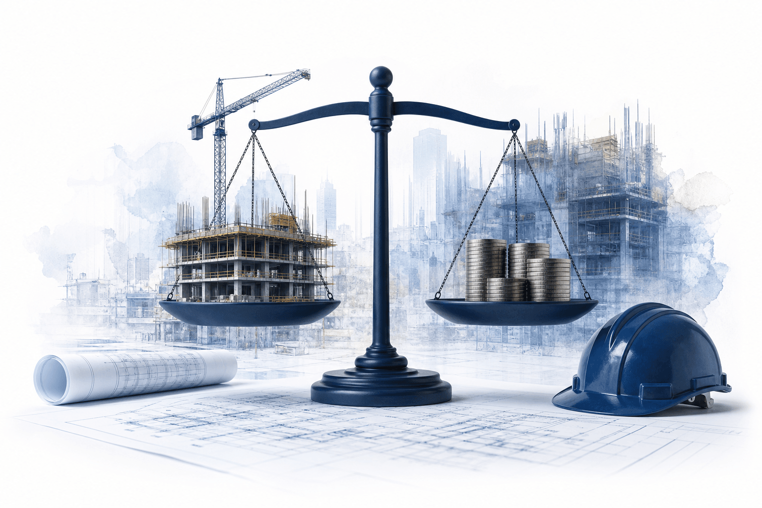 Balance scales compare construction costs to coins, with blueprints and a hard hat in the foreground and a building site in the background.
