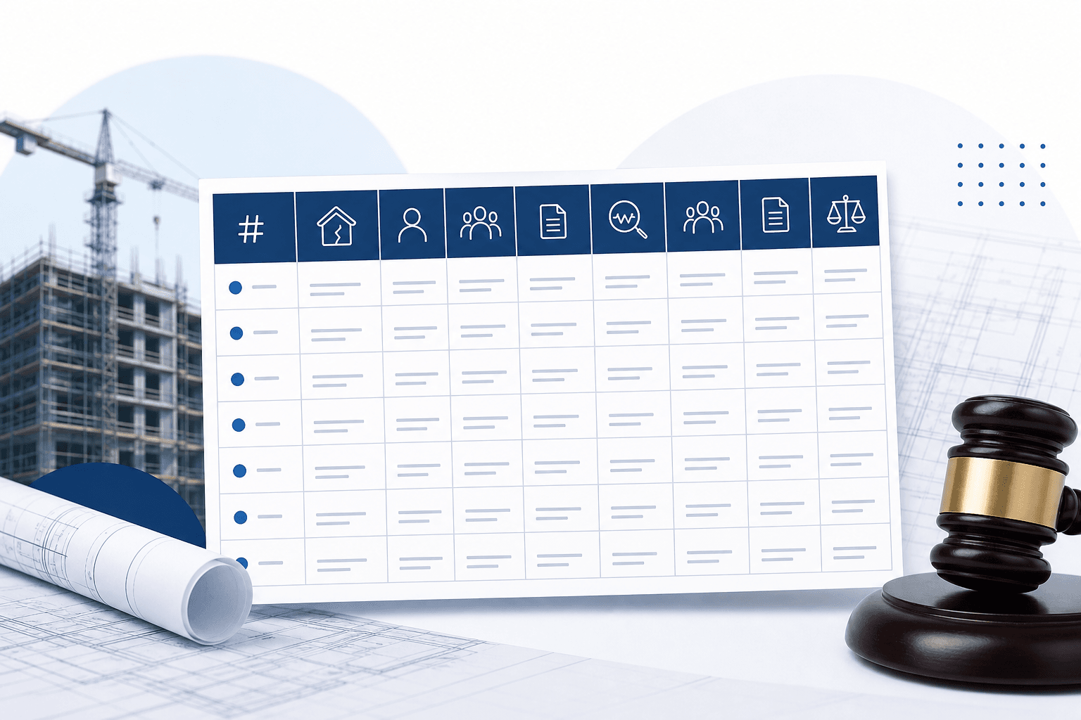 Large document with blue header icons on a construction site background, plus a gavel and rolled blueprints—legal/permit board for projects or hearings.