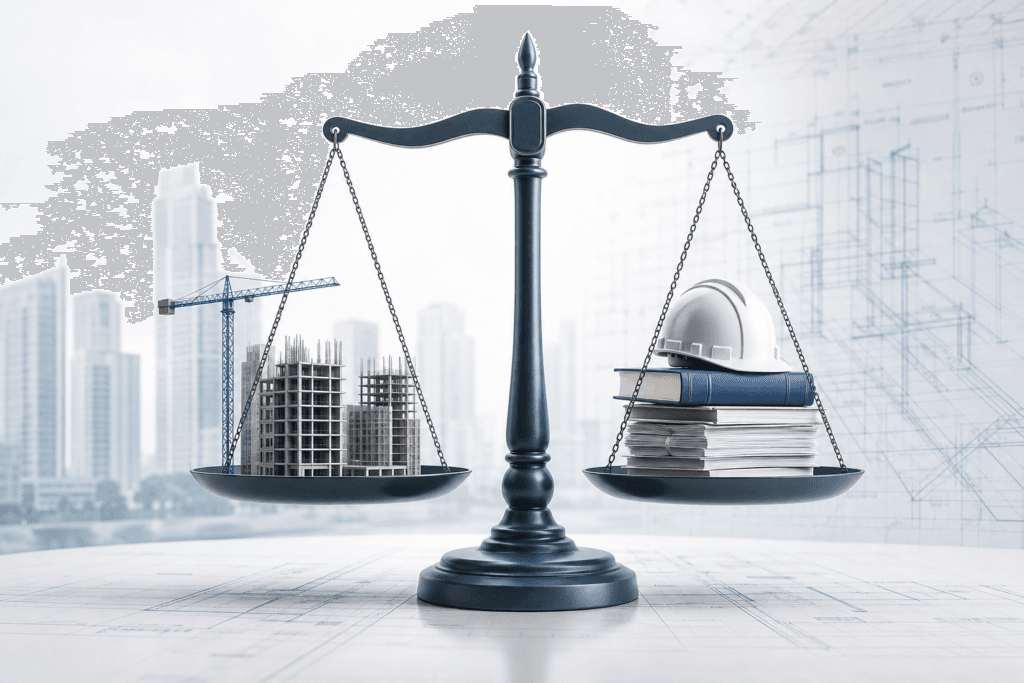 Scales of justice balancing a construction site on the left with a stack of books, a hard hat, and documents on the right, symbolizing law and development oversight.