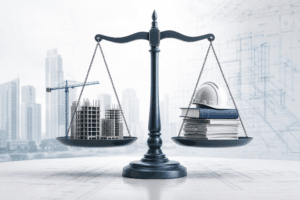 Scales of justice balancing a construction site on the left with a stack of books, a hard hat, and documents on the right, symbolizing law and development oversight.