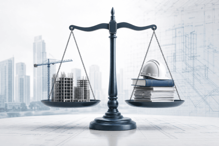 c14b0bf4-edf4-47f5-92ad-4eb52632eaa9 - Awesim Building Consultants Scales of justice balancing a construction site on the left with a stack of books, a hard hat, and documents on the right, symbolizing law and development oversight.