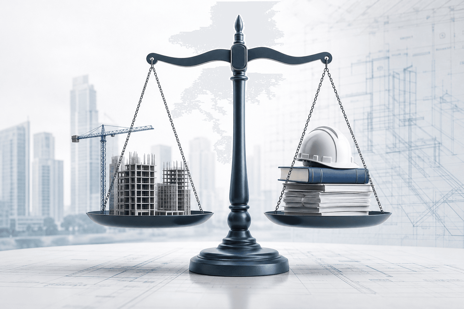 Scales of justice balancing a construction site on the left with a stack of books, a hard hat, and documents on the right, symbolizing law and development oversight.
