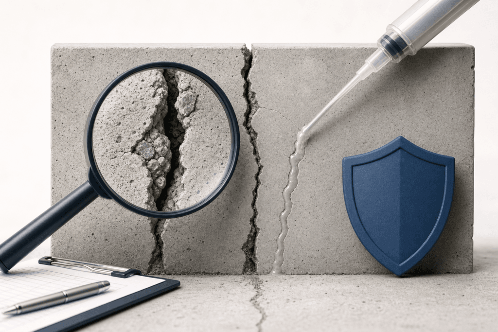 Cracked concrete blocks being inspected and repaired with sealant, plus a protective shield icon for structural integrity.