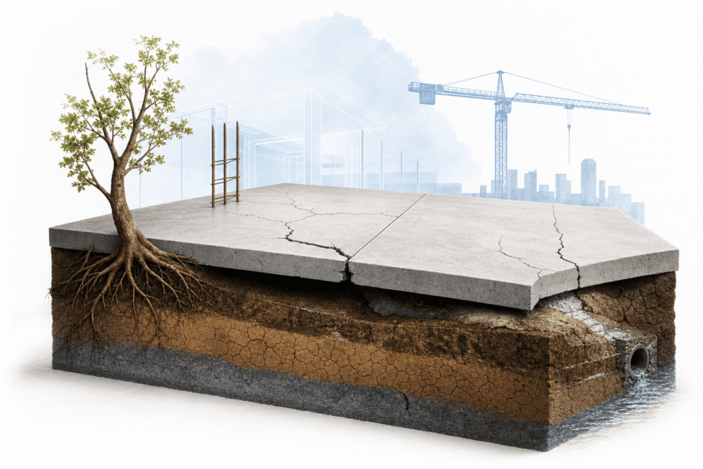 Cross-section of ground showing a tree with exposed roots growing from cracked concrete slab, with a distant construction crane in the background.