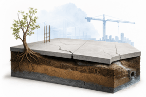 Cross-section of ground showing a tree with exposed roots growing from cracked concrete slab, with a distant construction crane in the background.