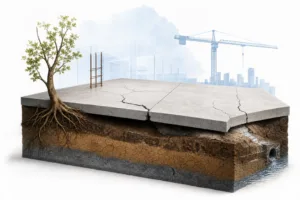 dc89d5bb-31eb-4232-a3f9-648e8fb5772d - Awesim Building Consultants Cross-section of ground showing a tree with exposed roots growing from cracked concrete slab, with a distant construction crane in the background.