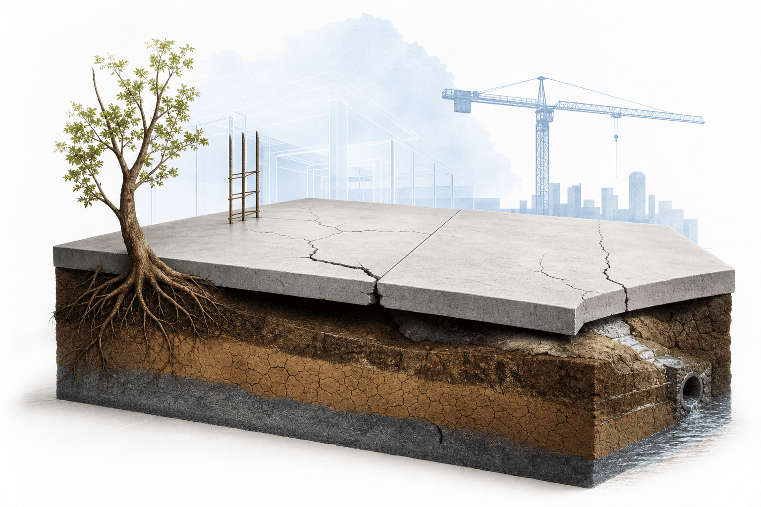 Cross-section of ground showing a tree with exposed roots growing from cracked concrete slab, with a distant construction crane in the background.