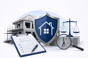 Blue shield with a house icon in front of a construction site, with scales of justice and a magnifying glass over cracked concrete.