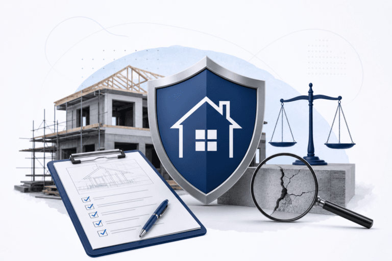 e6f8ccd1-8922-4c5f-8a6d-677648a24e1a - Awesim Building Consultants Blue shield with a house icon in front of a construction site, with scales of justice and a magnifying glass over cracked concrete.