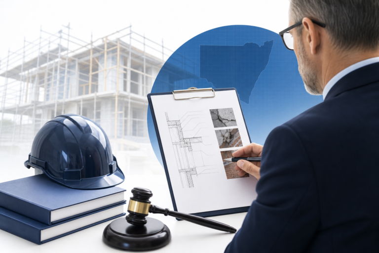Architect in a suit reviews building plans on a clipboard beside a blue hard hat and gavel, at a construction site.
