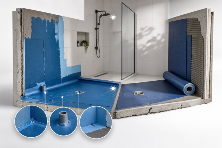 Cross‑section view of a bathroom showing blue waterproofing membrane applied to floor and walls around a shower area, plus a blue rolled mat ready to install.