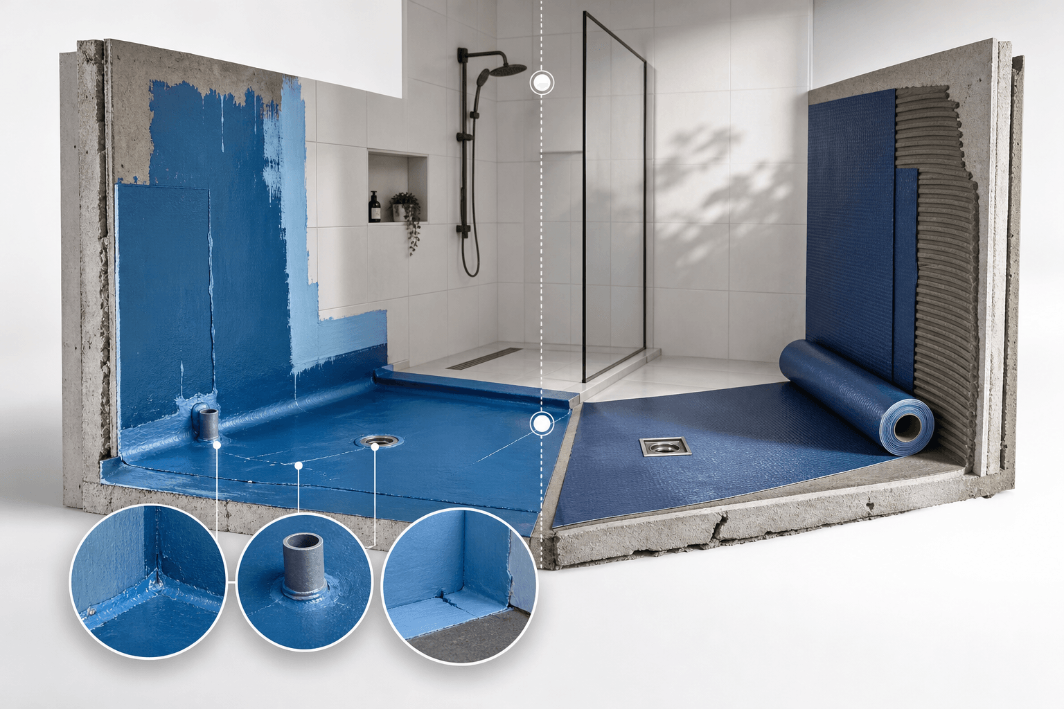 Cross‑section view of a bathroom showing blue waterproofing membrane applied to floor and walls around a shower area, plus a blue rolled mat ready to install.