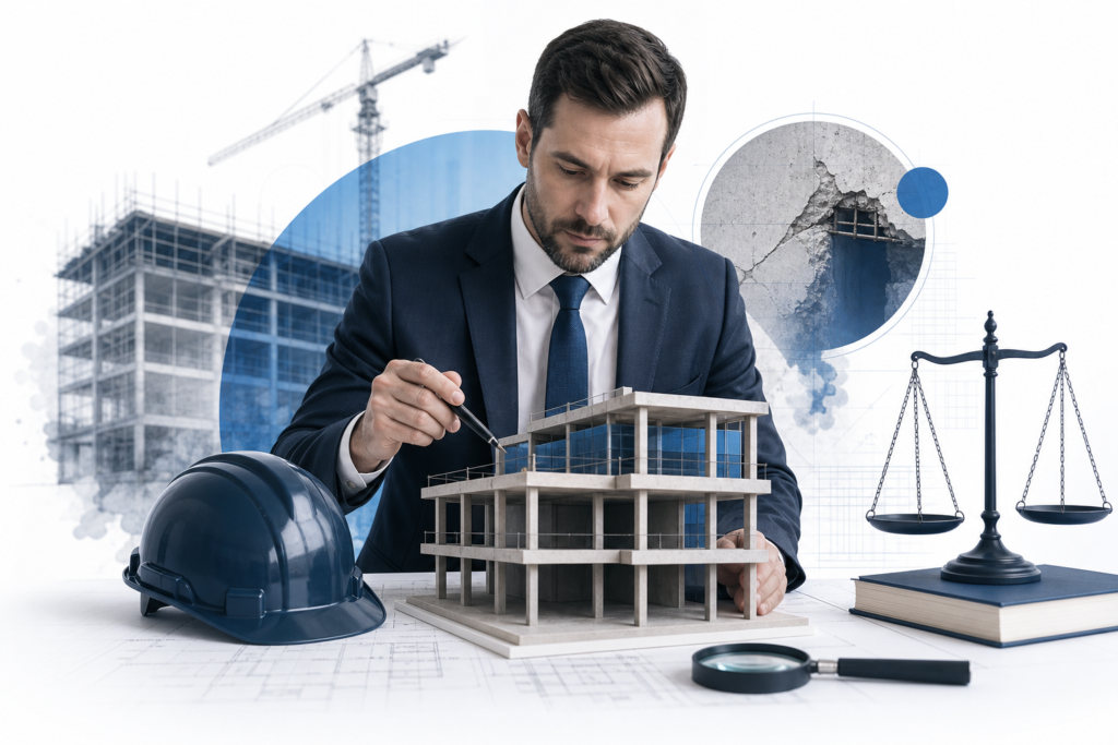 Businessman in a suit analyzes a 3D building model on blueprints with a hard hat nearby and a crane in the background, conveying construction planning and law.]