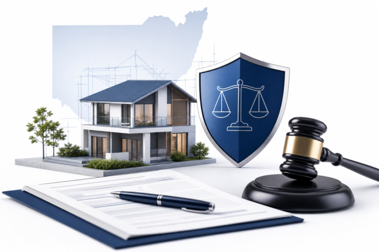 Legal concept image: model house with blueprints, scales of justice shield, gavel, and documents on a desk (property and real estate law)