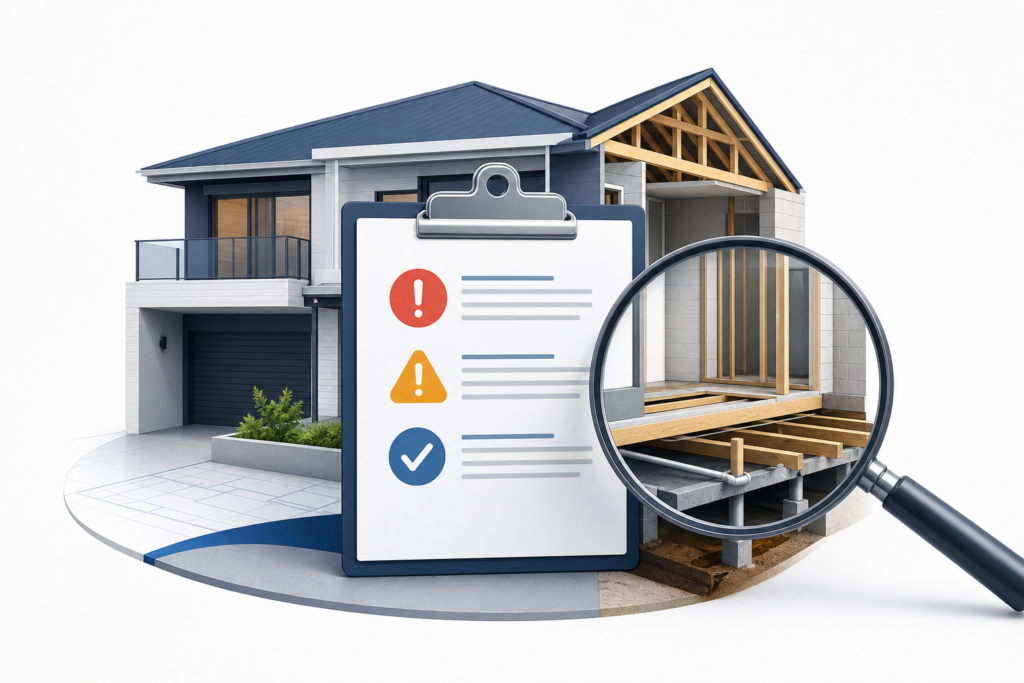 Home under construction with a large inspection clipboard showing warning and check icons; magnifying glass highlights the building parts, symbolizing home inspection.