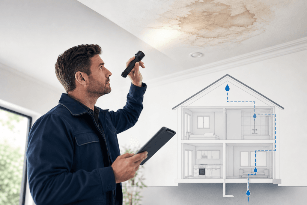 Maintenance worker checks a water-damaged ceiling with a tablet while a cutaway house diagram shows leak pathways.