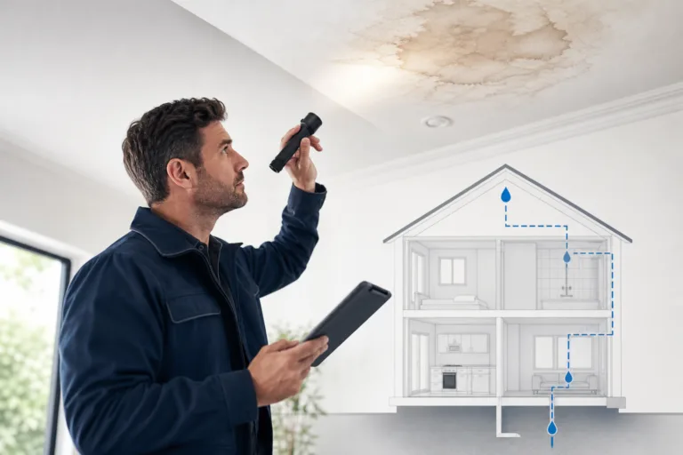 Maintenance worker checks a water-damaged ceiling with a tablet while a cutaway house diagram shows leak pathways.
