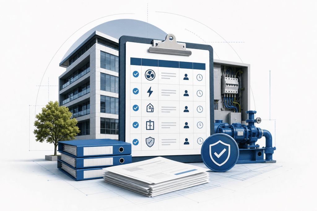 Modern office building with a large clipboard checklist, blue check marks, files, papers, and industrial equipment nearby.