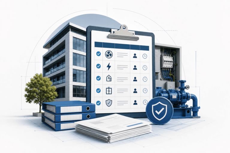 Modern office building with a large clipboard checklist, blue check marks, files, papers, and industrial equipment nearby.