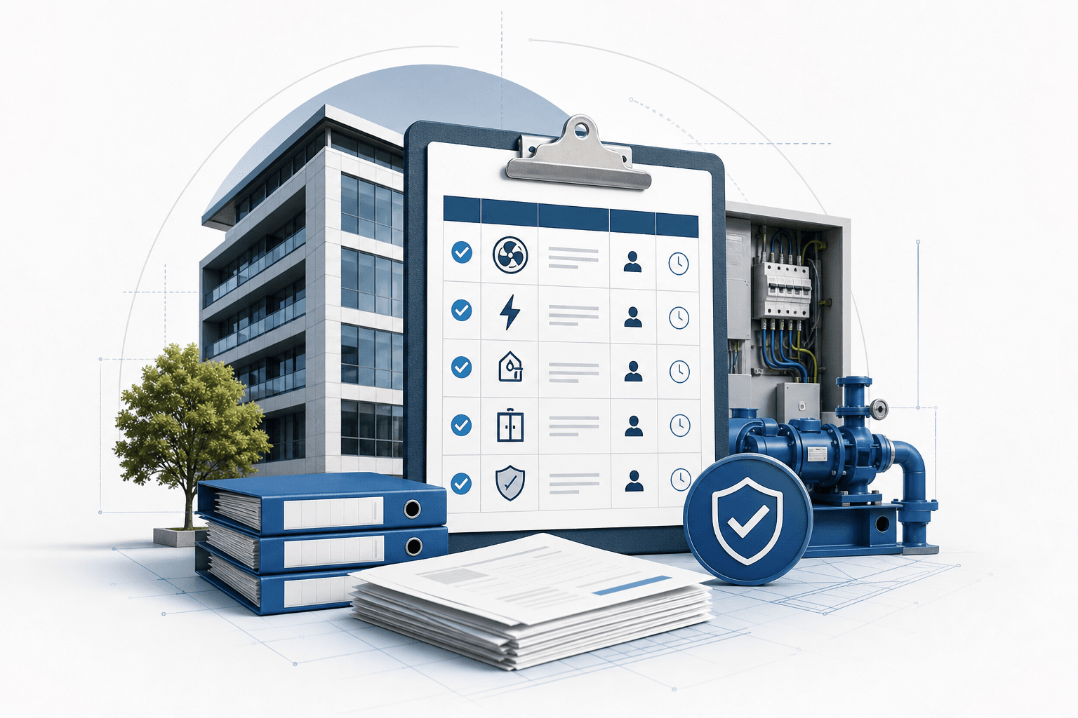 Modern office building with a large clipboard checklist, blue check marks, files, papers, and industrial equipment nearby.