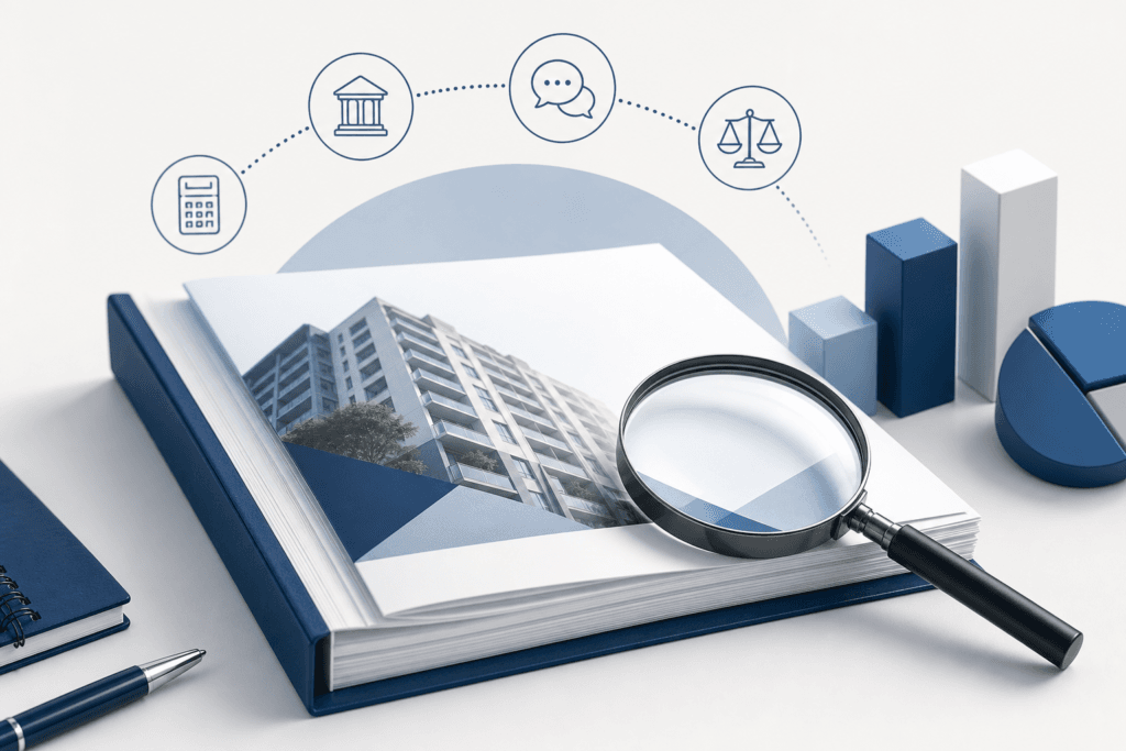 Open report with building image and magnifying glass, plus finance icons (bank, calculator, scales, chat) above.
