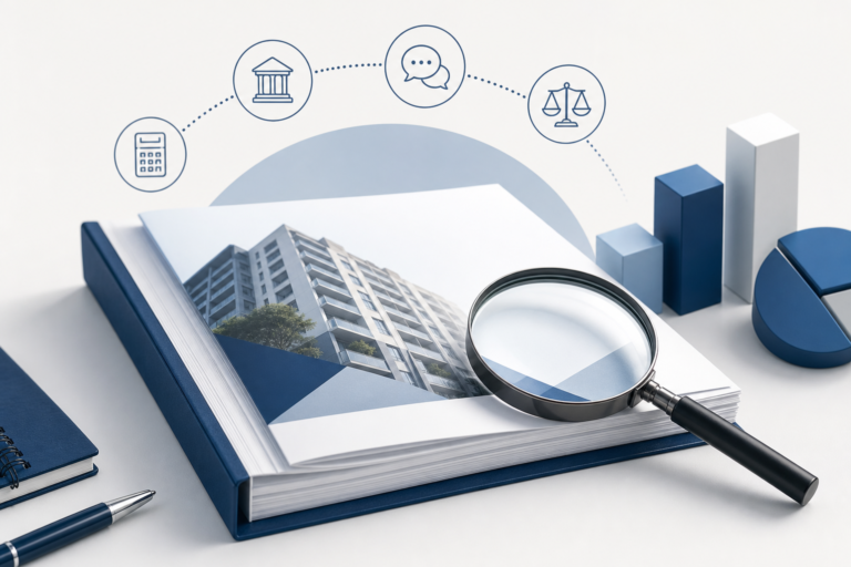 Open report with building image and magnifying glass, plus finance icons (bank, calculator, scales, chat) above.