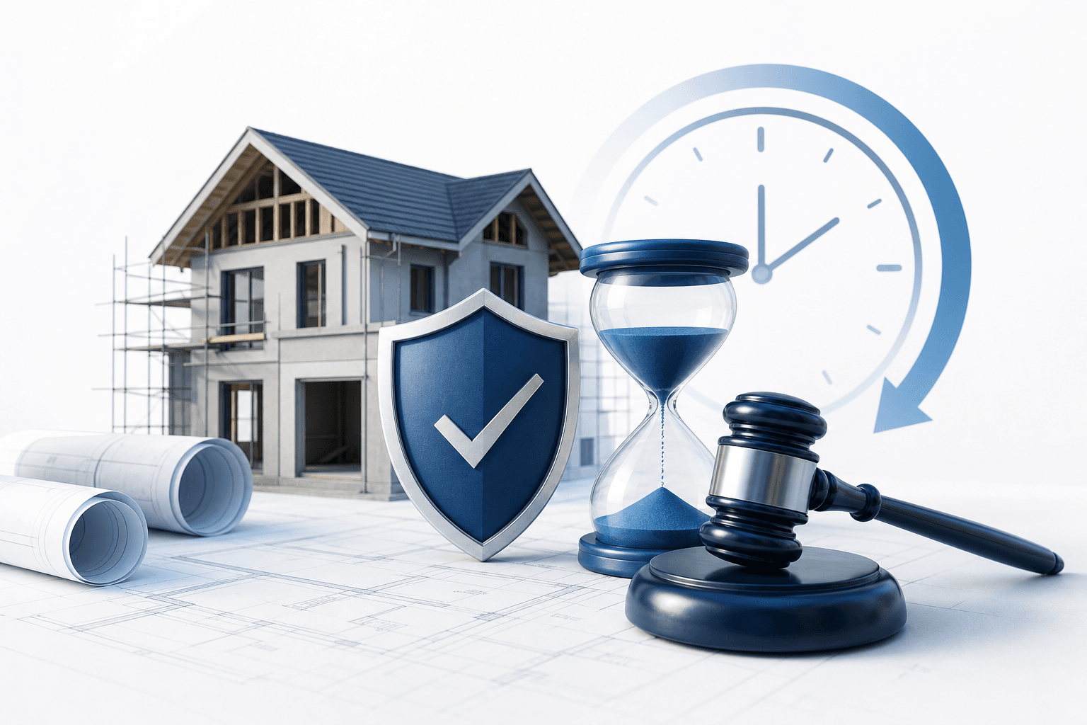 Under-construction house with a blue shield and checkmark, an hourglass, gavel, and rolled blueprints on the foreground.”