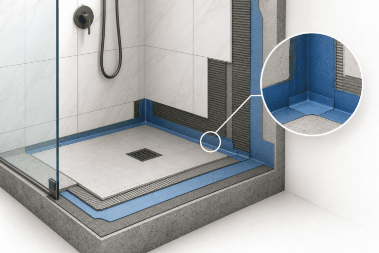 Cross‑section of a shower showing blue waterproofing membrane at floor and wall corner, with a square drain right in the tiled floor.