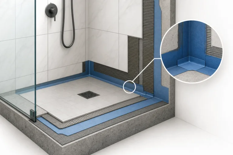 Cross‑section of a shower showing blue waterproofing membrane at floor and wall corner, with a square drain right in the tiled floor.