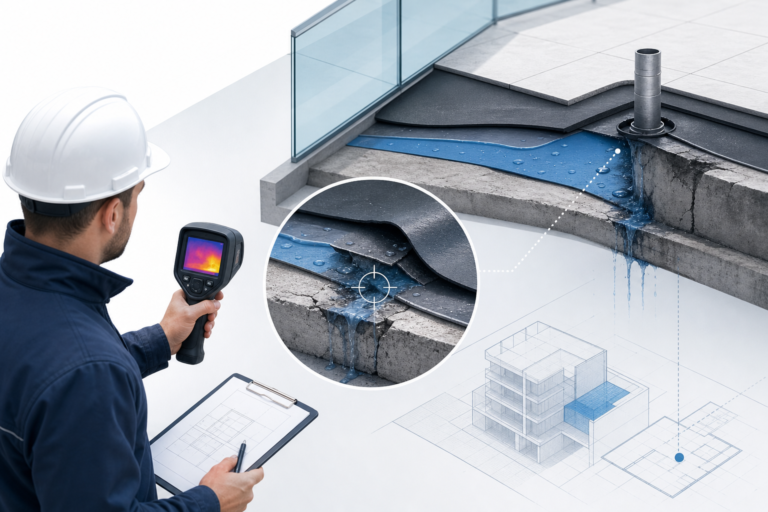Construction worker with a white hard hat uses a handheld thermal camera to inspect a rooftop leak, with building plans overlaid in the background.