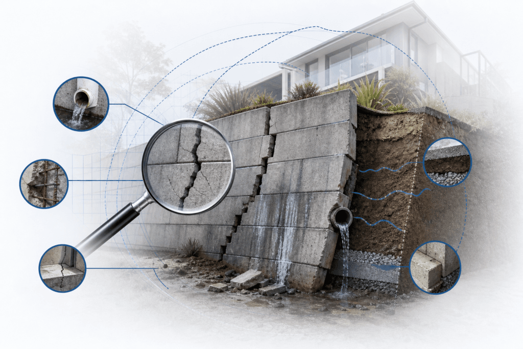 Cracked concrete retaining wall with water seeping; magnifier highlights cracks and soil beneath.