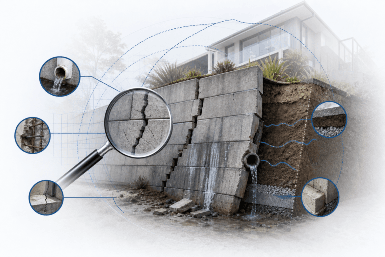 Cracked concrete retaining wall with water seeping; magnifier highlights cracks and soil beneath.