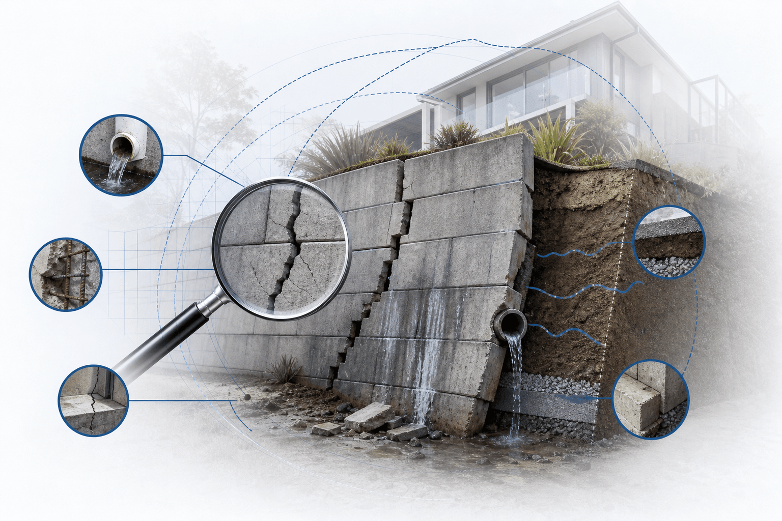 Cracked concrete retaining wall with water seeping; magnifier highlights cracks and soil beneath.