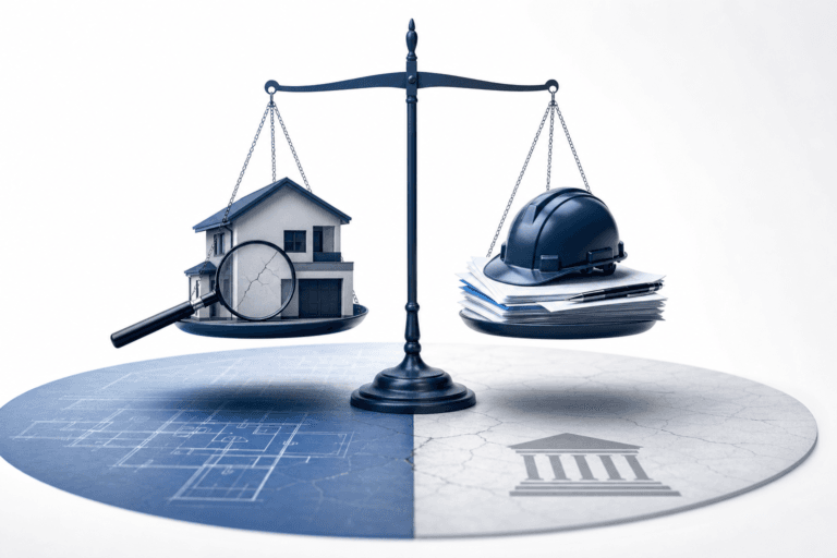 Balance scales show a house with magnifying glass on the left and a hard hat with documents on the right, symbolizing real estate law.