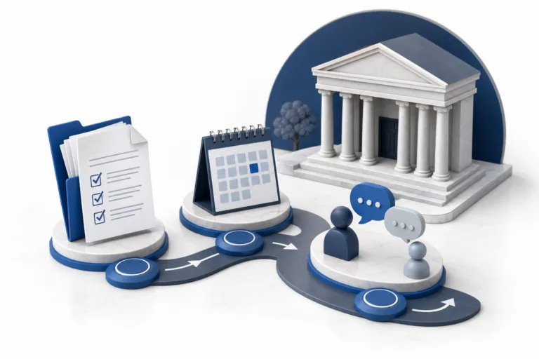 3D scene of a courthouse model connected to a calendar, checklist, and user icons along a winding path, illustrating a legal process workflow.