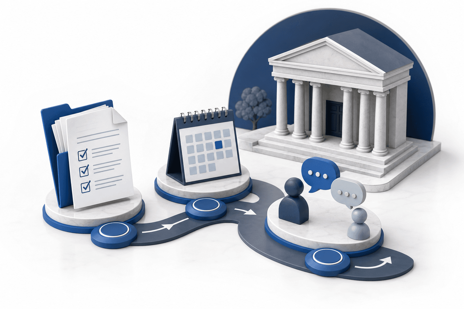 3D scene of a courthouse model connected to a calendar, checklist, and user icons along a winding path, illustrating a legal process workflow.
