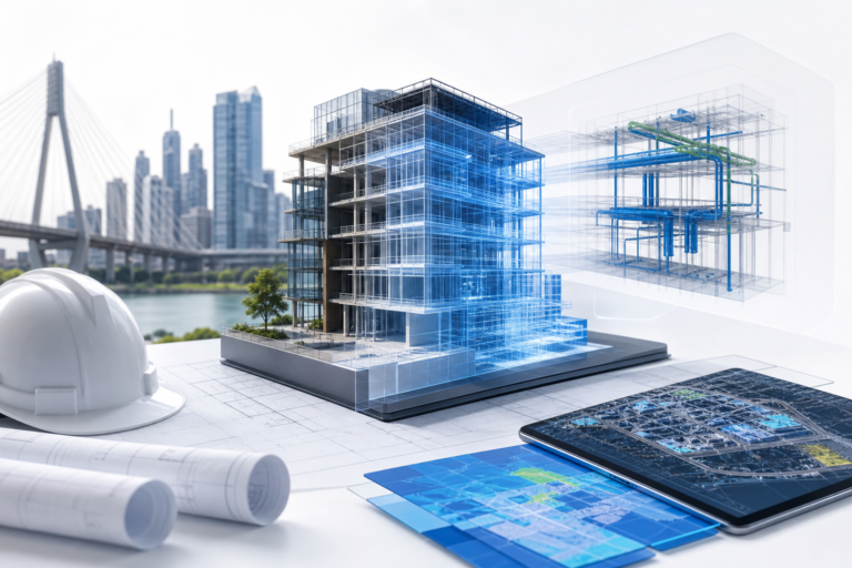 Architectural planning scene with a transparent blue building model on a base, blueprints, a white hard hat, and a tablet showing maps, city skyline in background.