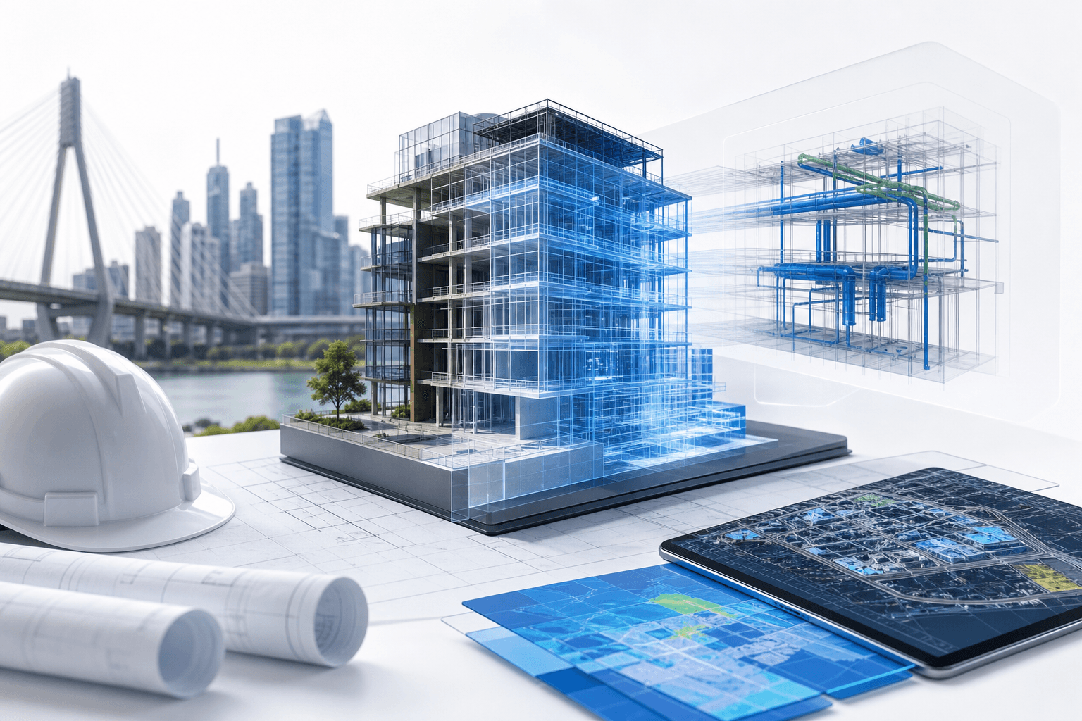 Architectural planning scene with a transparent blue building model on a base, blueprints, a white hard hat, and a tablet showing maps, city skyline in background.