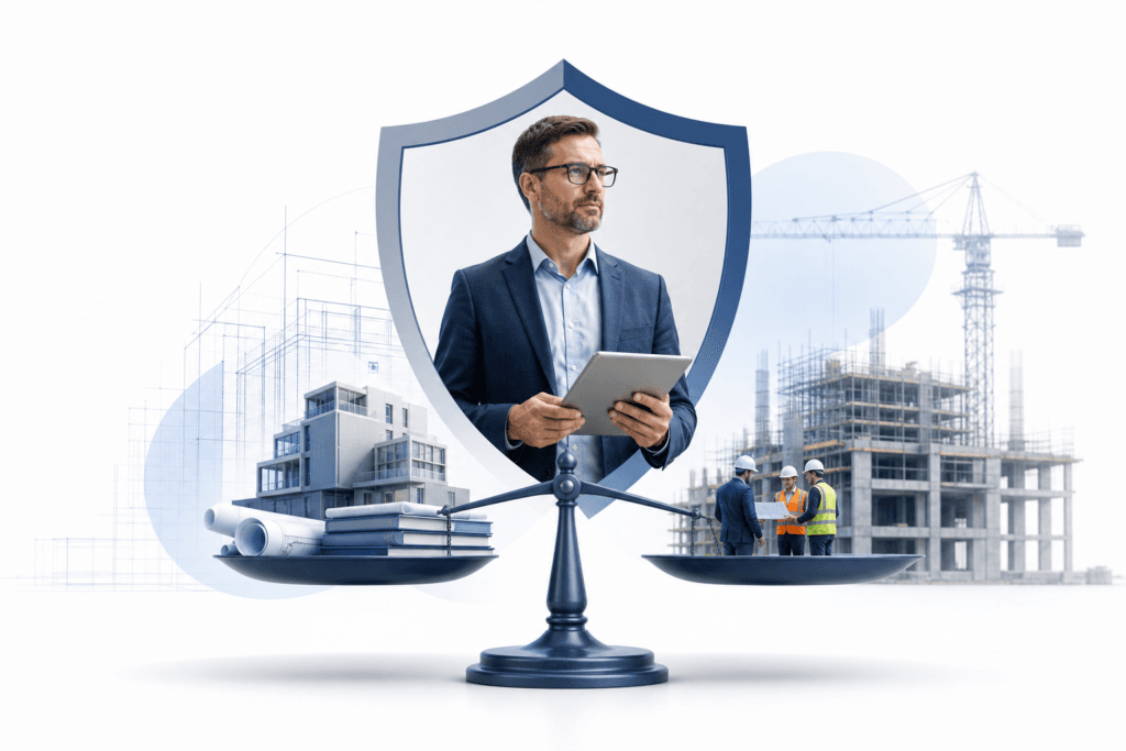 A suited man holding a tablet sits inside a shield on top of a balancing scale, with a construction site in the background.