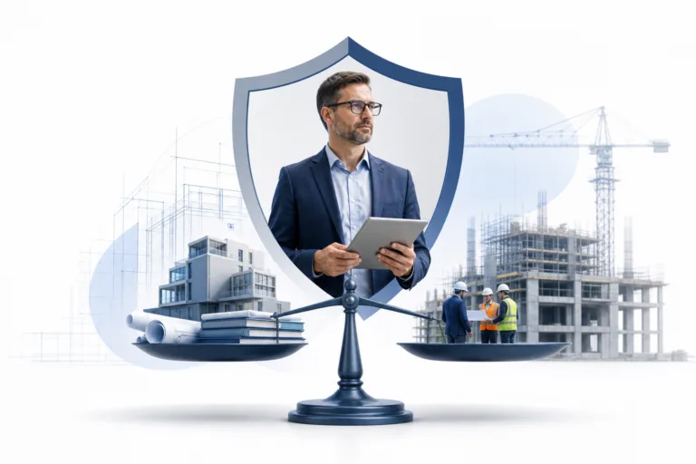 A suited man holding a tablet sits inside a shield on top of a balancing scale, with a construction site in the background.