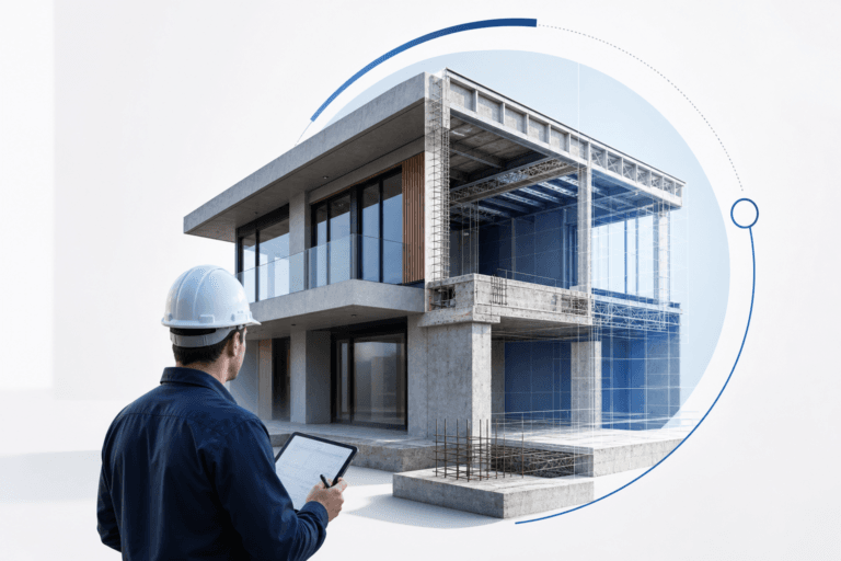 Construction worker in a white hard hat and blue uniform uses a tablet to inspect a modern two-story concrete building under construction.
