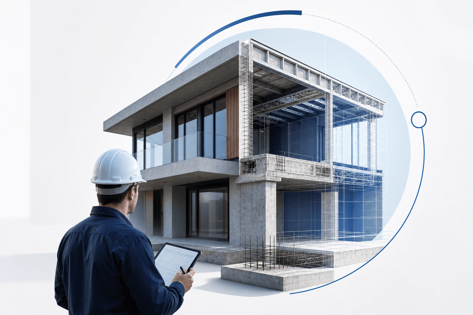 Construction worker in a white hard hat and blue uniform uses a tablet to inspect a modern two-story concrete building under construction.