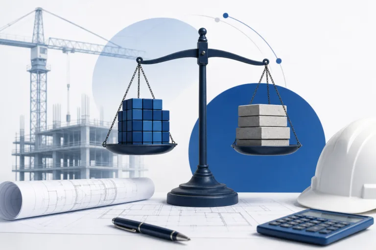 Scale balancing blue blocks with gray blocks over blueprints, crane, and helmet—symbolizing construction economics or cost–value balance.