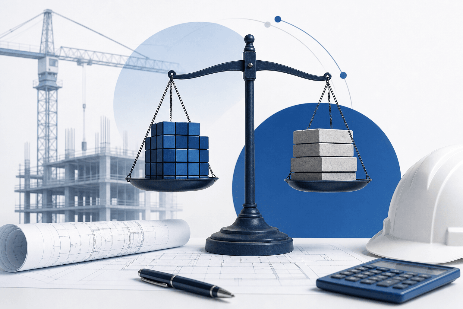 Scale balancing blue blocks with gray blocks over blueprints, crane, and helmet—symbolizing construction economics or cost–value balance.
