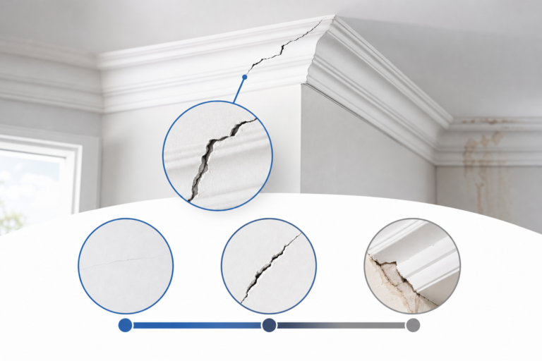 Interior wall with crown molding and several cracks highlighted; close-up zooms show cracking in plaster and drywall edge.